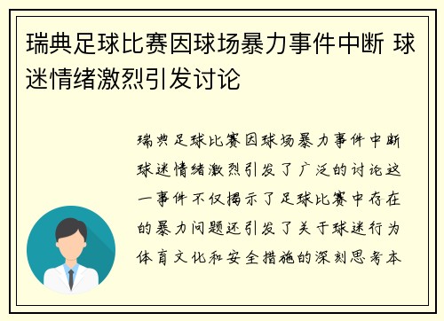 瑞典足球比赛因球场暴力事件中断 球迷情绪激烈引发讨论